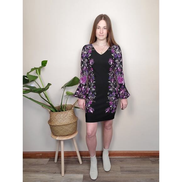 INC International Concepts Black Purple Bell Sleeve Bodycon Dress Womens SP - Picture 1 of 5